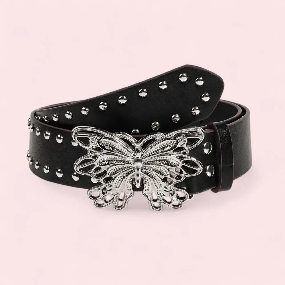 Black studded belt with silver butterfly buckle Coquette fairycore whimsigoth